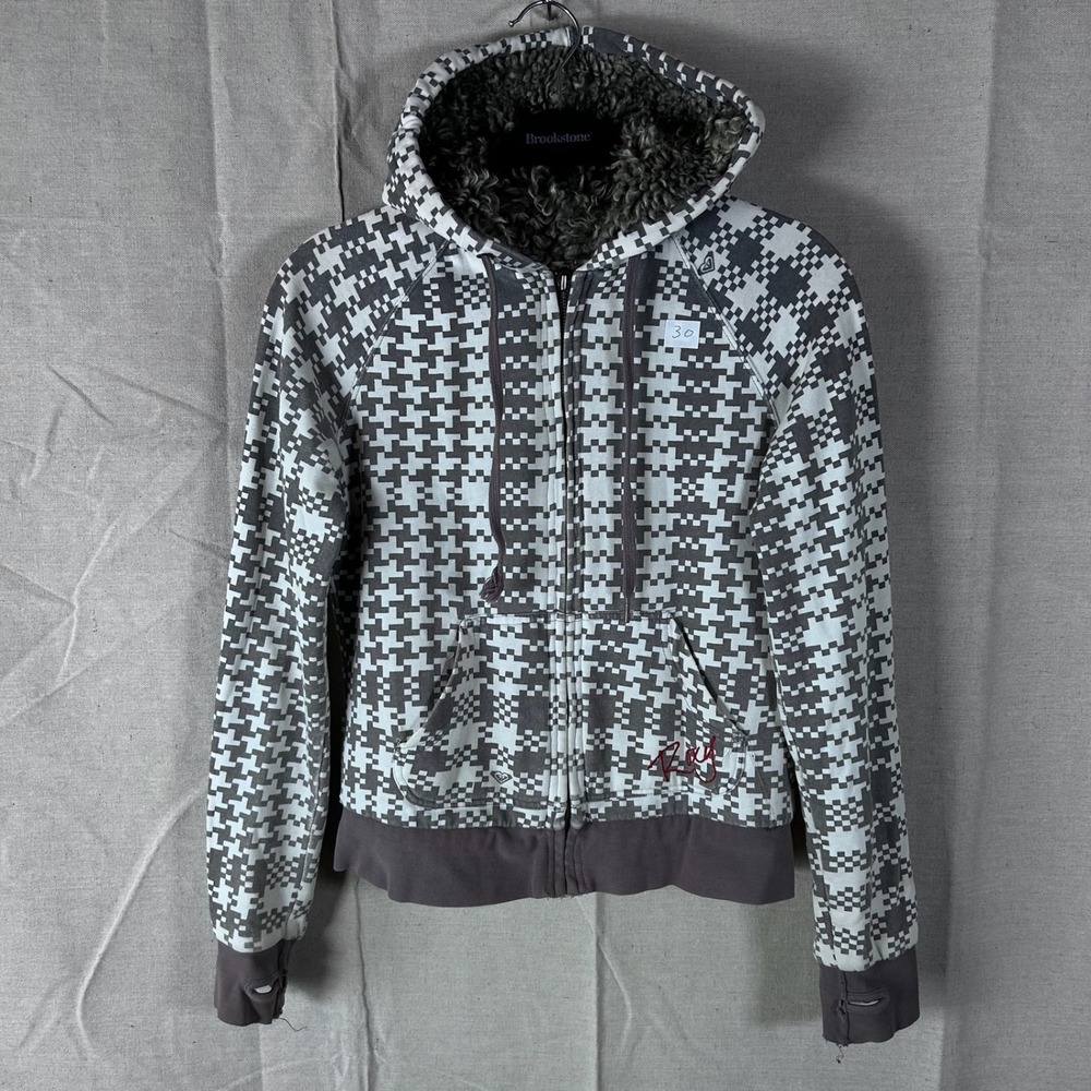 Roxy Vintage Y2K Pixel Houndstooth Sherpa Lined Full Zip Hoodie Grey White Small